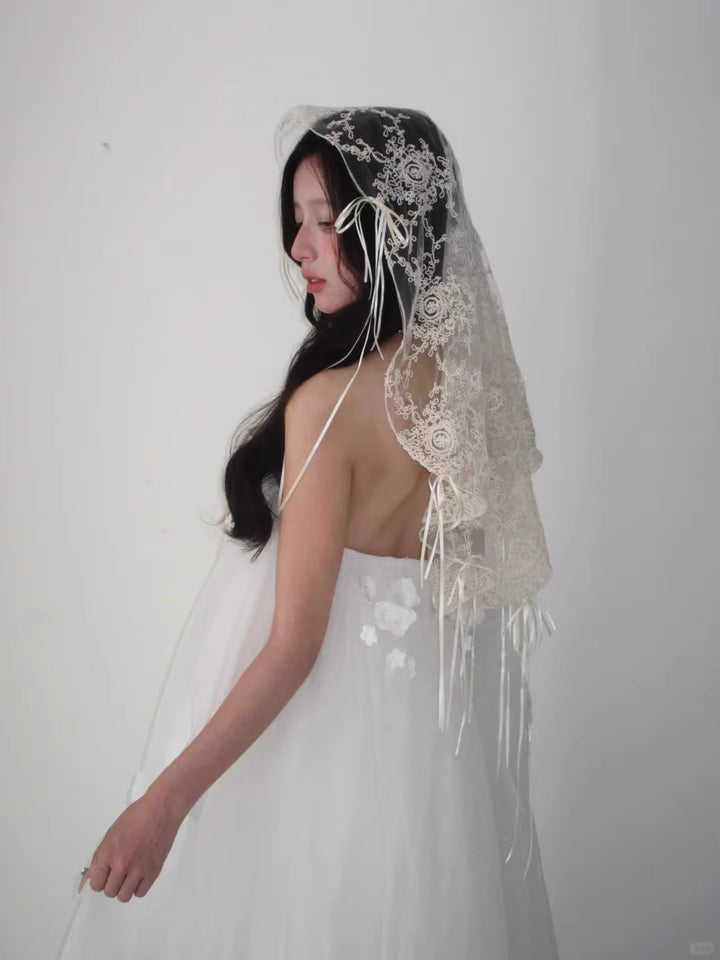 Ribbon Lace Bonnet Veil
