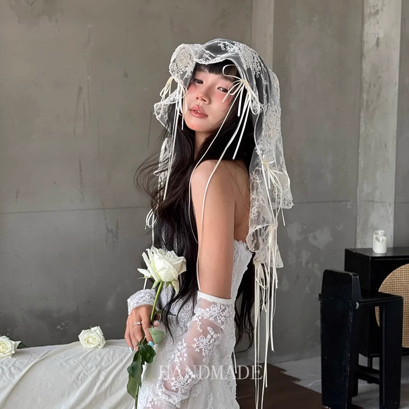 Ribbon Lace Bonnet Veil