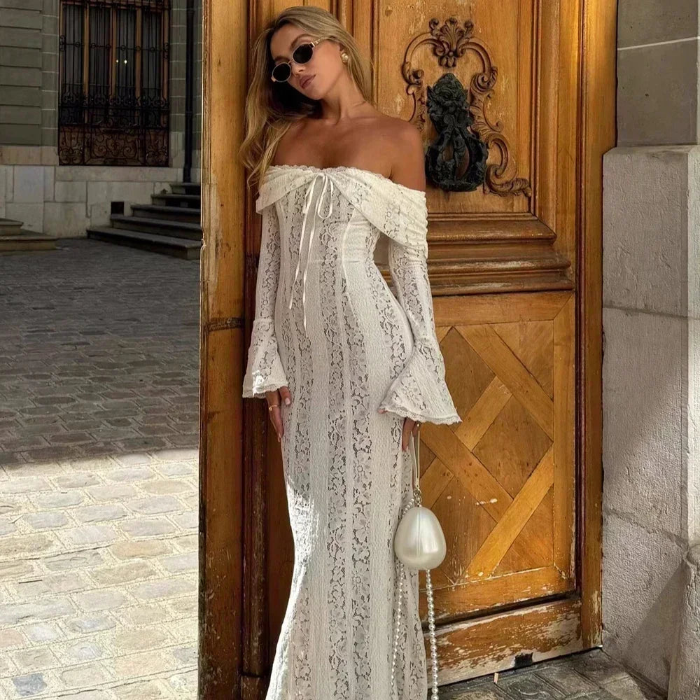 White Off-Shoulder Lace Maxi Dress