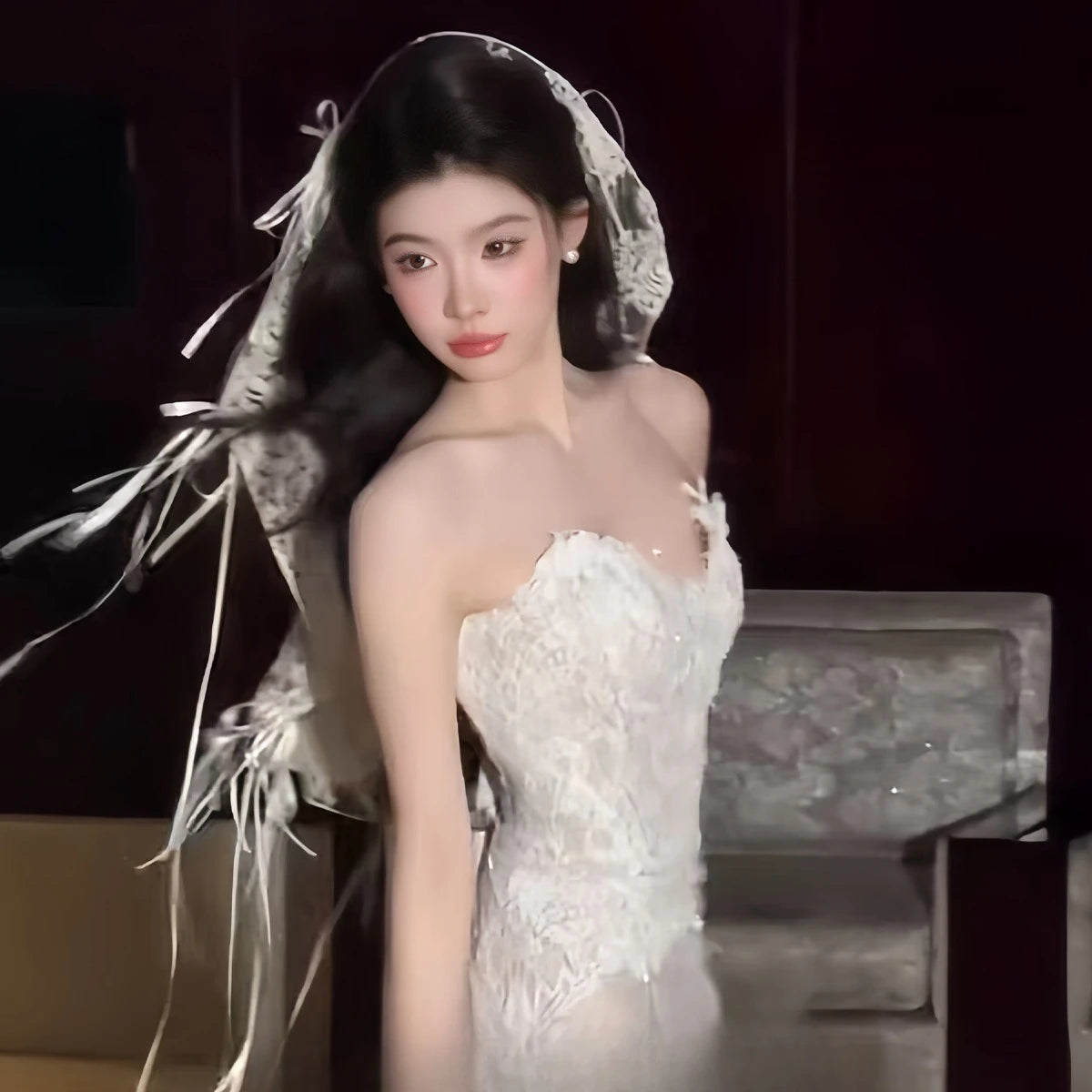 Ribbon Lace Bonnet Veil