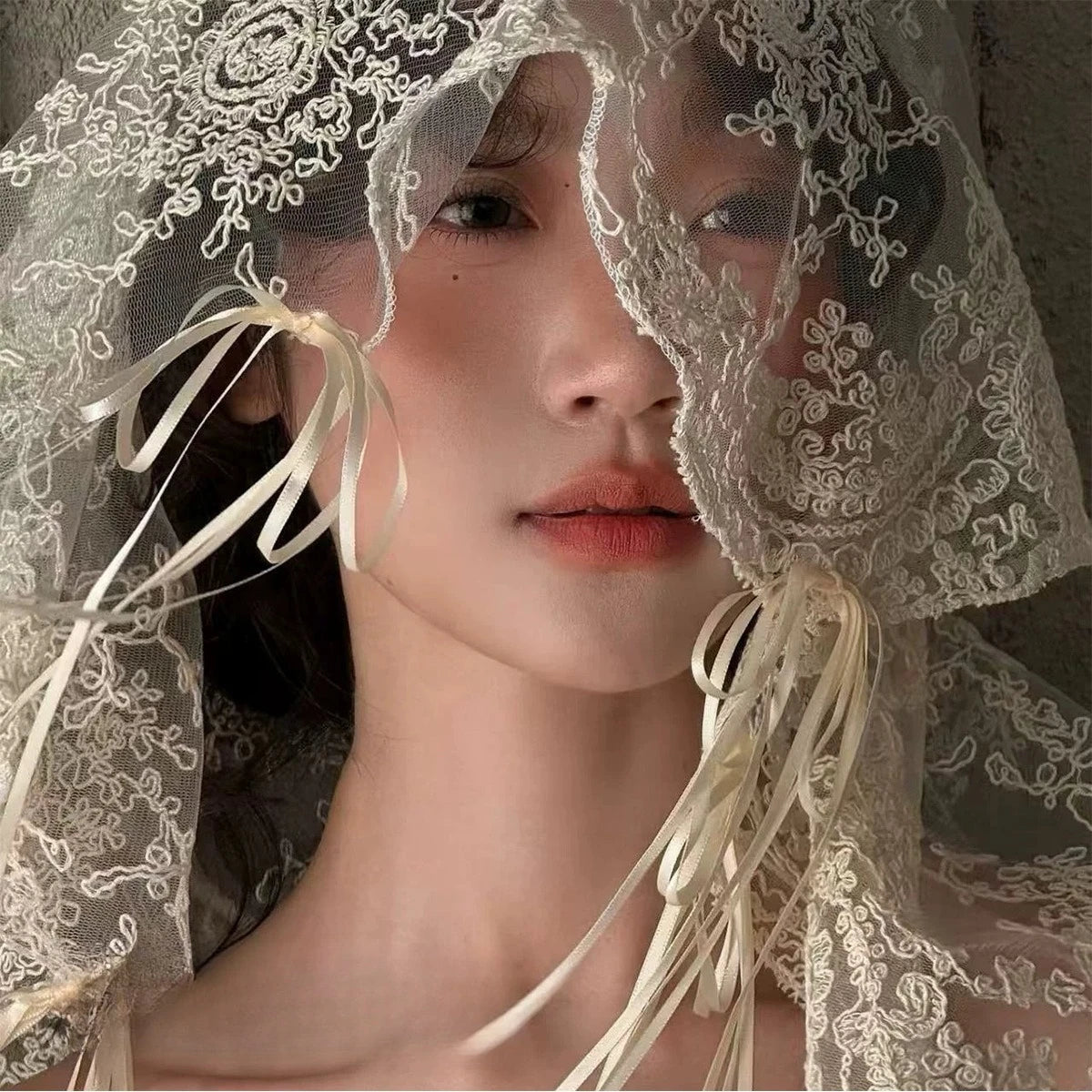 Ribbon Lace Bonnet Veil