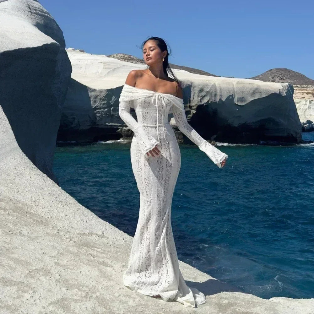 White Off-Shoulder Lace Maxi Dress