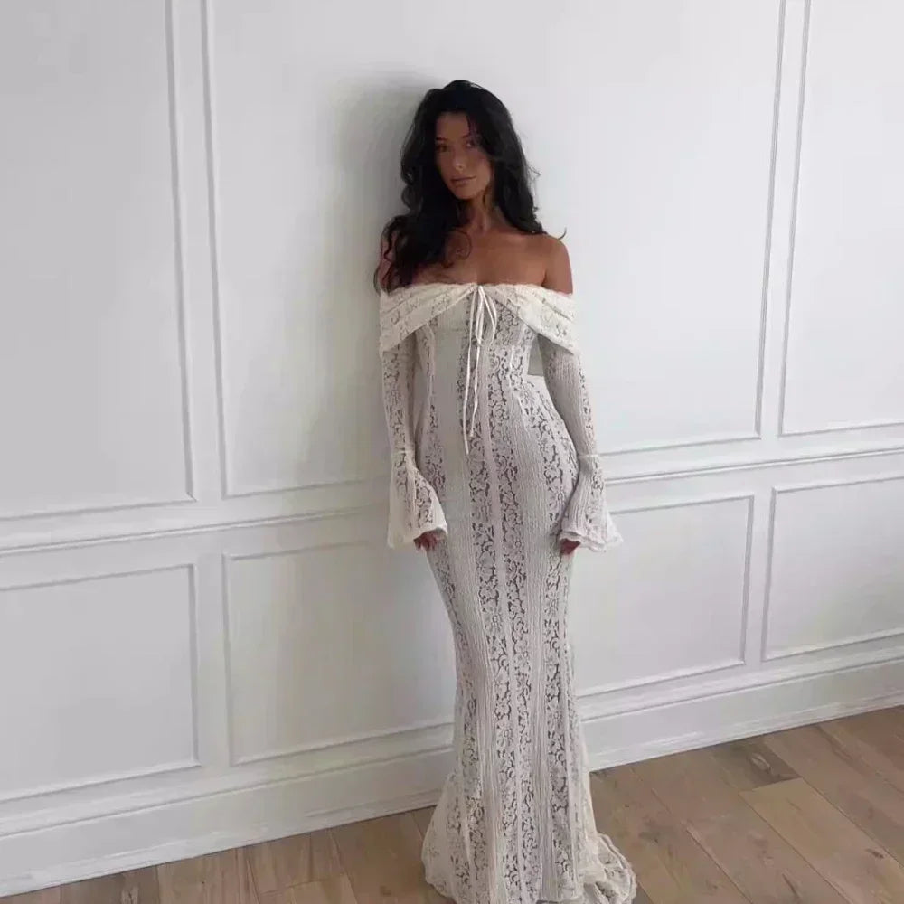 White Off-Shoulder Lace Maxi Dress
